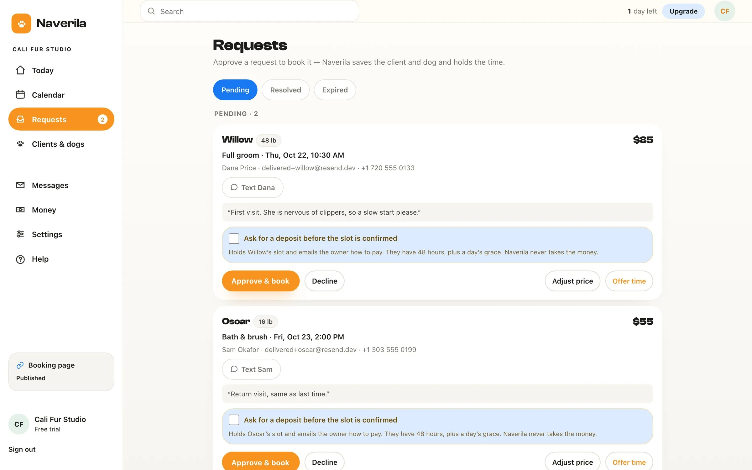 The Requests screen: booking requests waiting for approval.